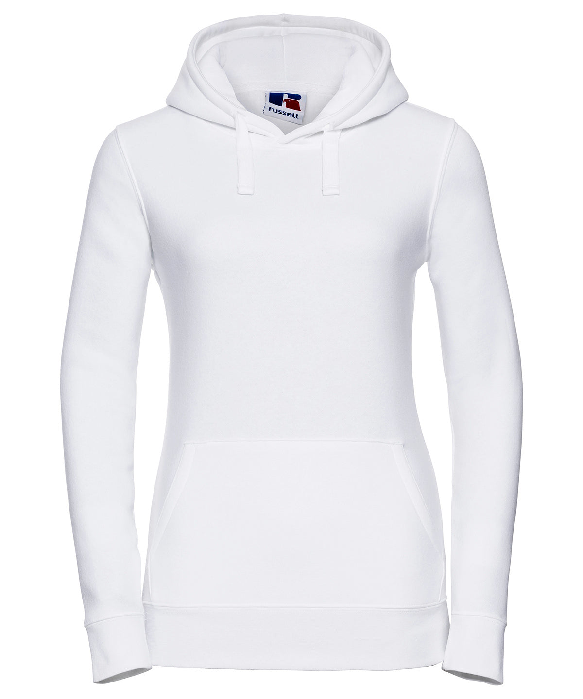 Tryck din logga på Hoodies från Russell Europe - Anpassa Russell Europe - Äkta Hoodie med Huva för Damer i färgen Vit för företag, föreningar och privatpersoner