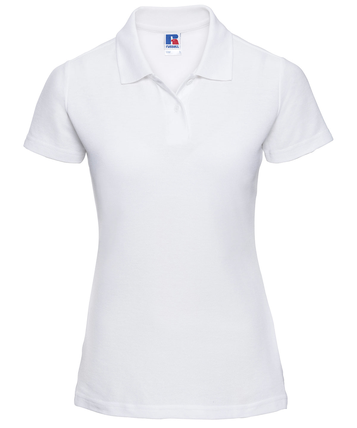 Tryck din logga på Piké från Russell Europe - Anpassa Classic Polycotton Polo - Dam i färgen Vit för företag, föreningar och privatpersoner