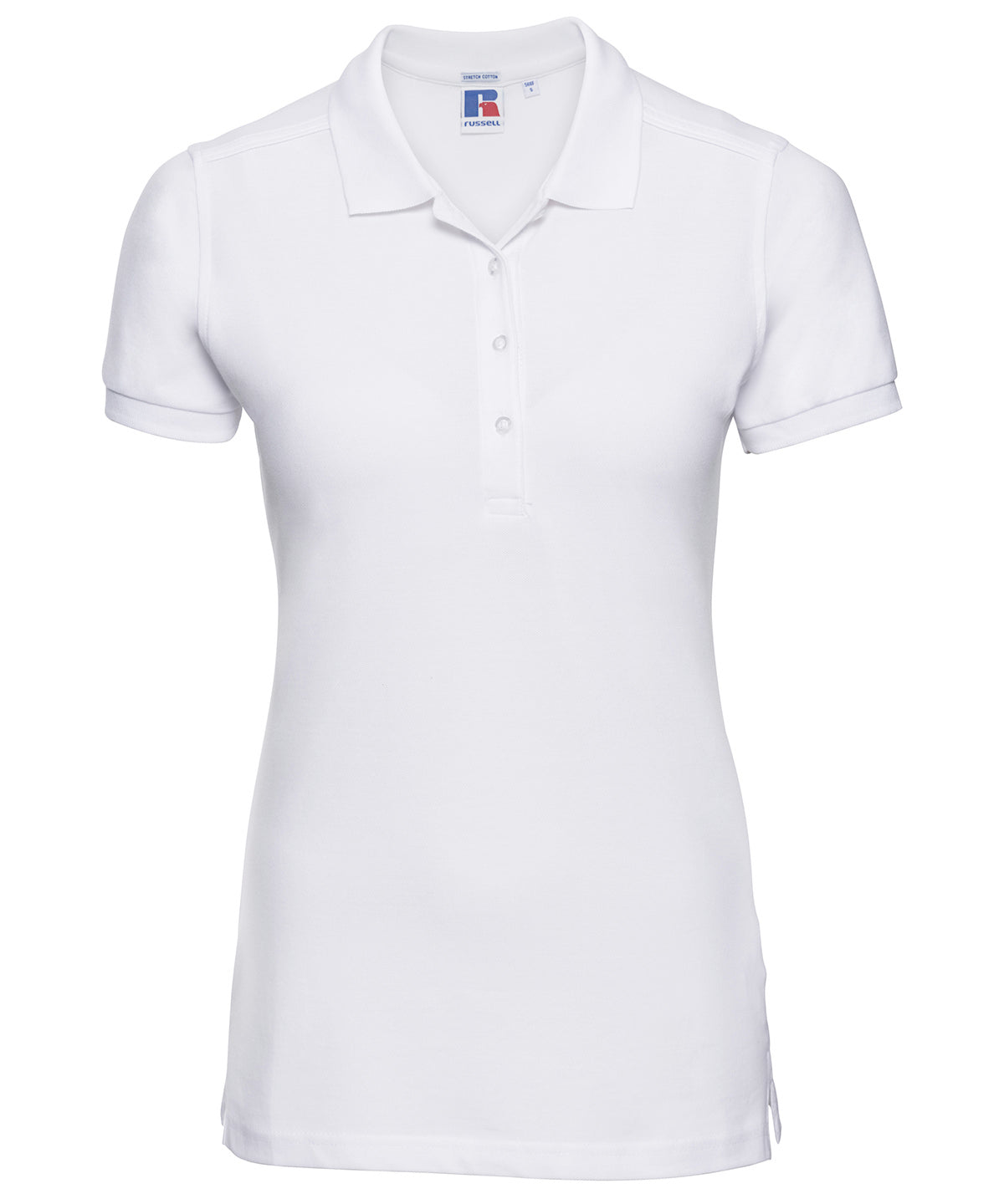 Tryck din logga på Piké från Russell Europe - Anpassa Tailored Stretch Polo - Dam i färgen Vit för företag, föreningar och privatpersoner