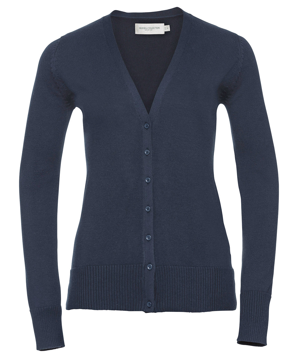 Tryck din logga på Koftor från Russell Collection - Anpassa Stickad cardigan med v-ringning för damer i färgen Marinblå för företag, föreningar och privatpersoner