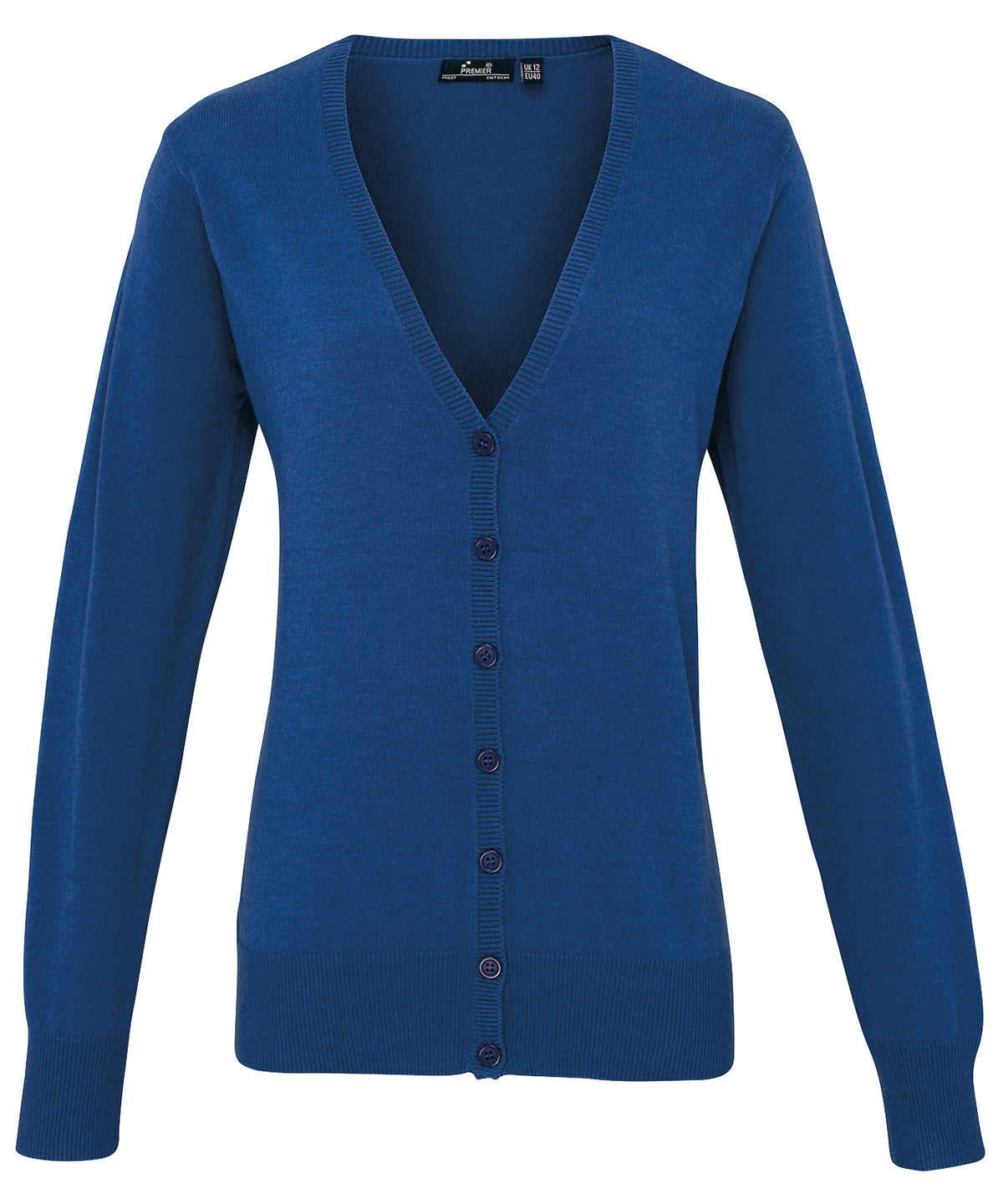 Tryck din logga på Koftor från Premier - Anpassa Genomknäppt stickad cardigan för damer i färgen Royal för företag, föreningar och privatpersoner