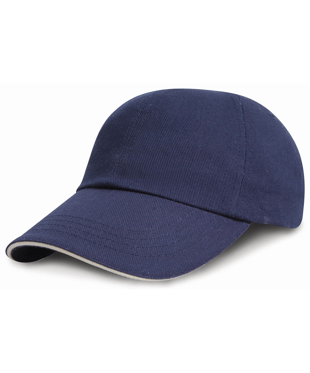 Tryck din logga på Kepsar från Result Headwear - Anpassa Junior keps med låg profil i kraftig borstad bomull med sandwichskärm i färgen Marinblå One Size för företag, föreningar och privatpersoner