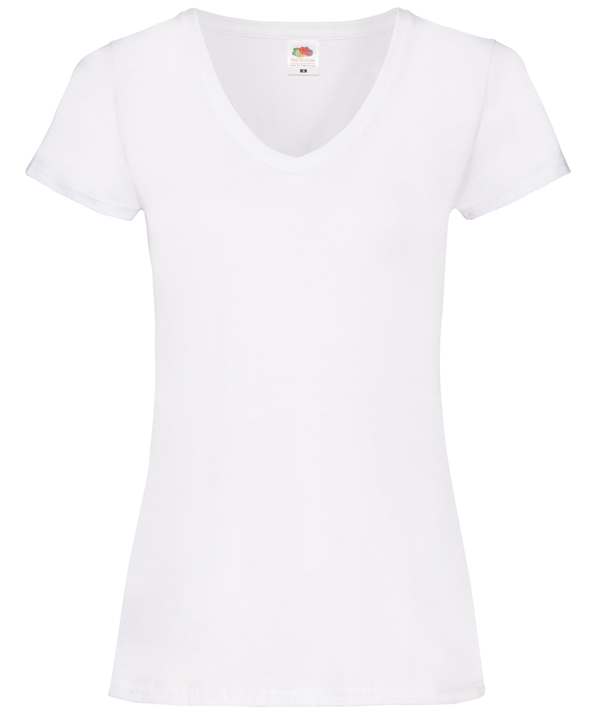 Tryck din logga på T-shirts från Fruit of the Loom - Anpassa Valueweight V-ringad T-shirt -Dam i färgen Vit för företag, föreningar och privatpersoner