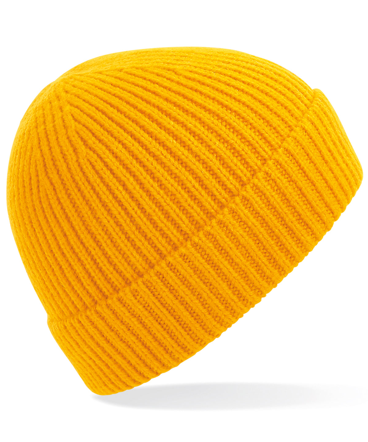 Tryck din logga på Mössor från Beechfield - Anpassa Mössa i ribbstickad Engineered knit i färgen Mörkgul One Size för företag, föreningar och privatpersoner