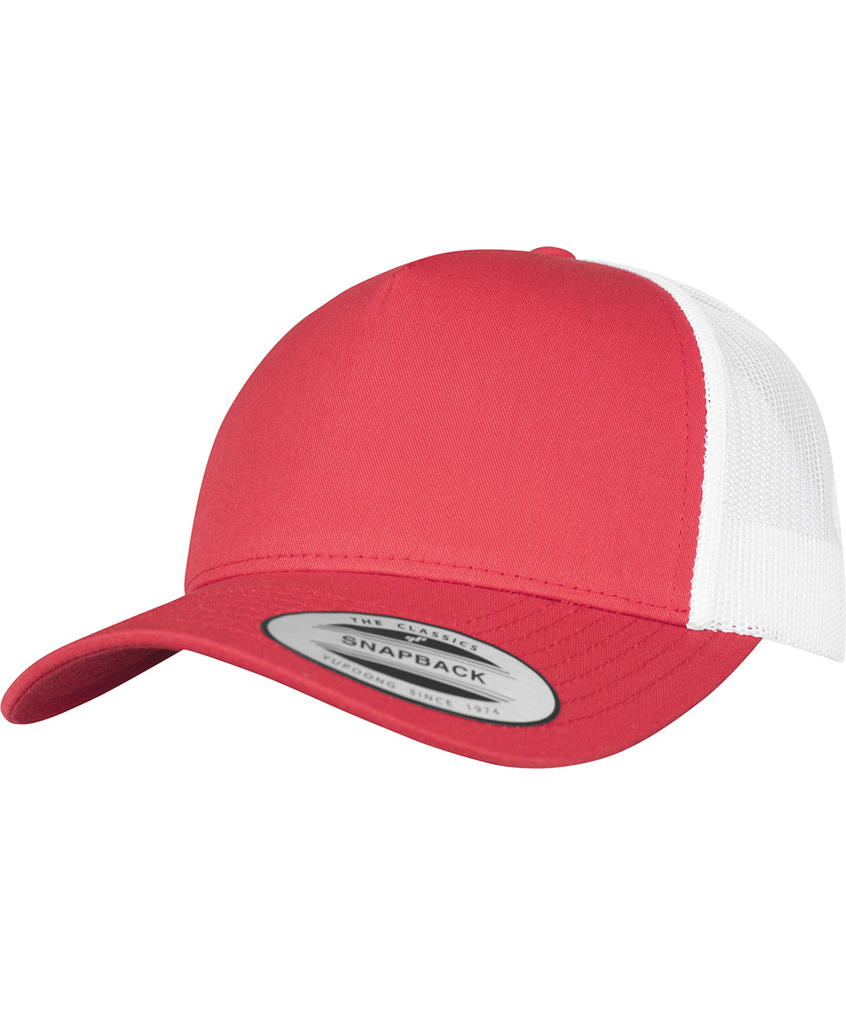 Tryck din logga på Kepsar från Flexfit by Yupoong - Anpassa 5-panel retro trucker 2-tone keps i färgen Mellan röd One Size för företag, föreningar och privatpersoner
