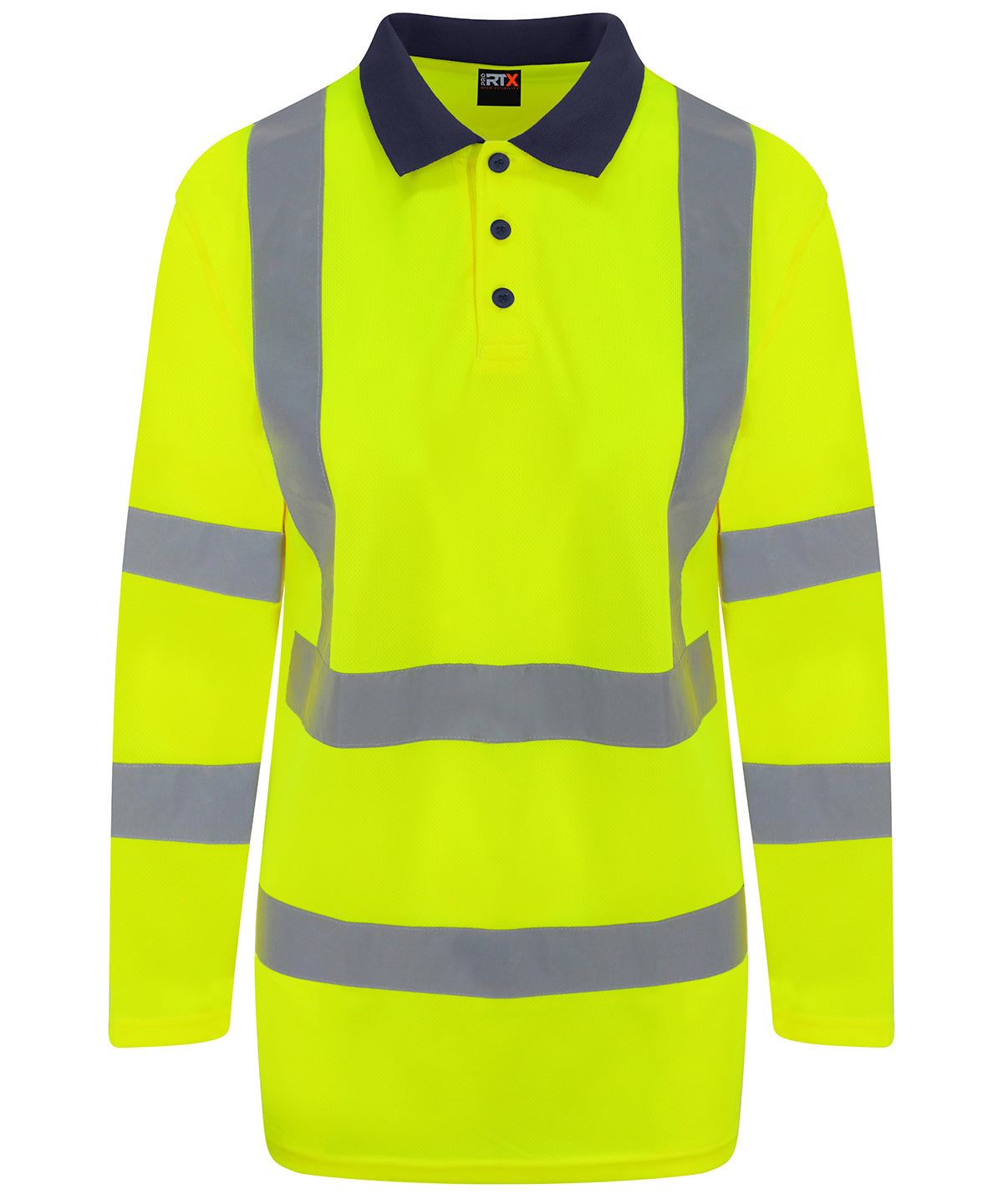 Tryck din logga på Piké från ProRTX High Visibility - Anpassa High Vis Long Sleeve Polo i färgen Neon gul för företag, föreningar och privatpersoner