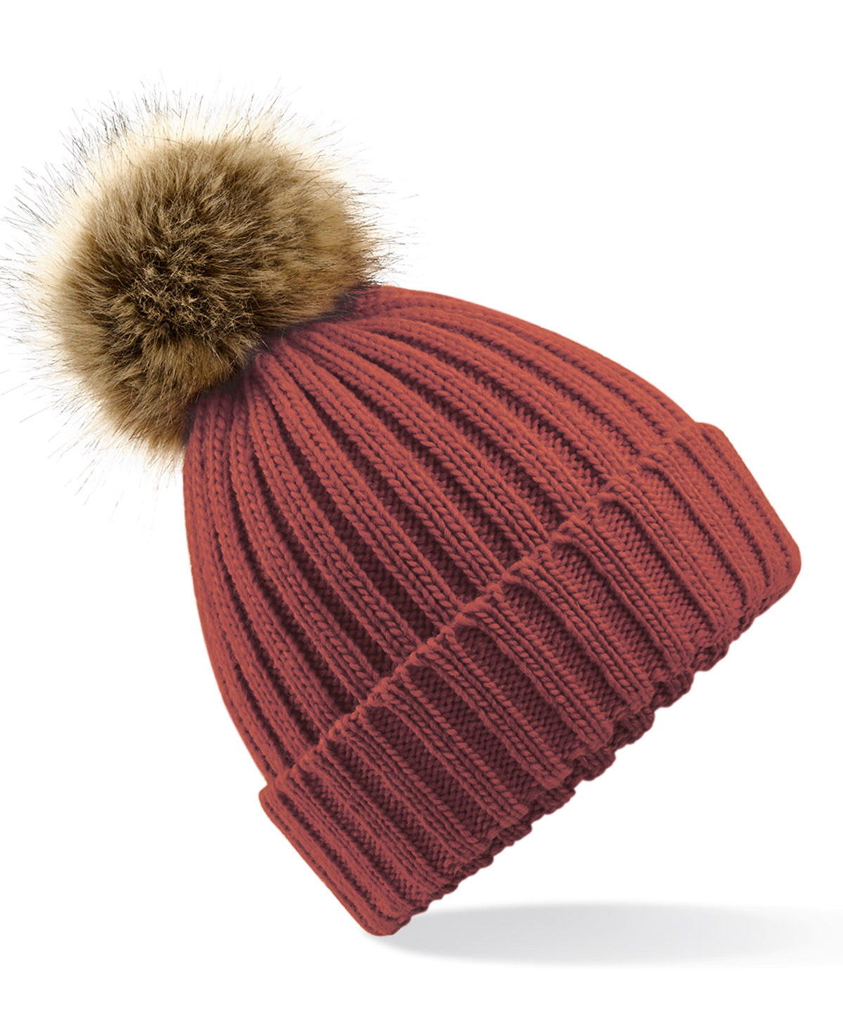 Tryck din logga på Mössor från Beechfield - Anpassa Päls pop pom Grovmaskig mössa i färgen Mörk orange One Size för företag, föreningar och privatpersoner
