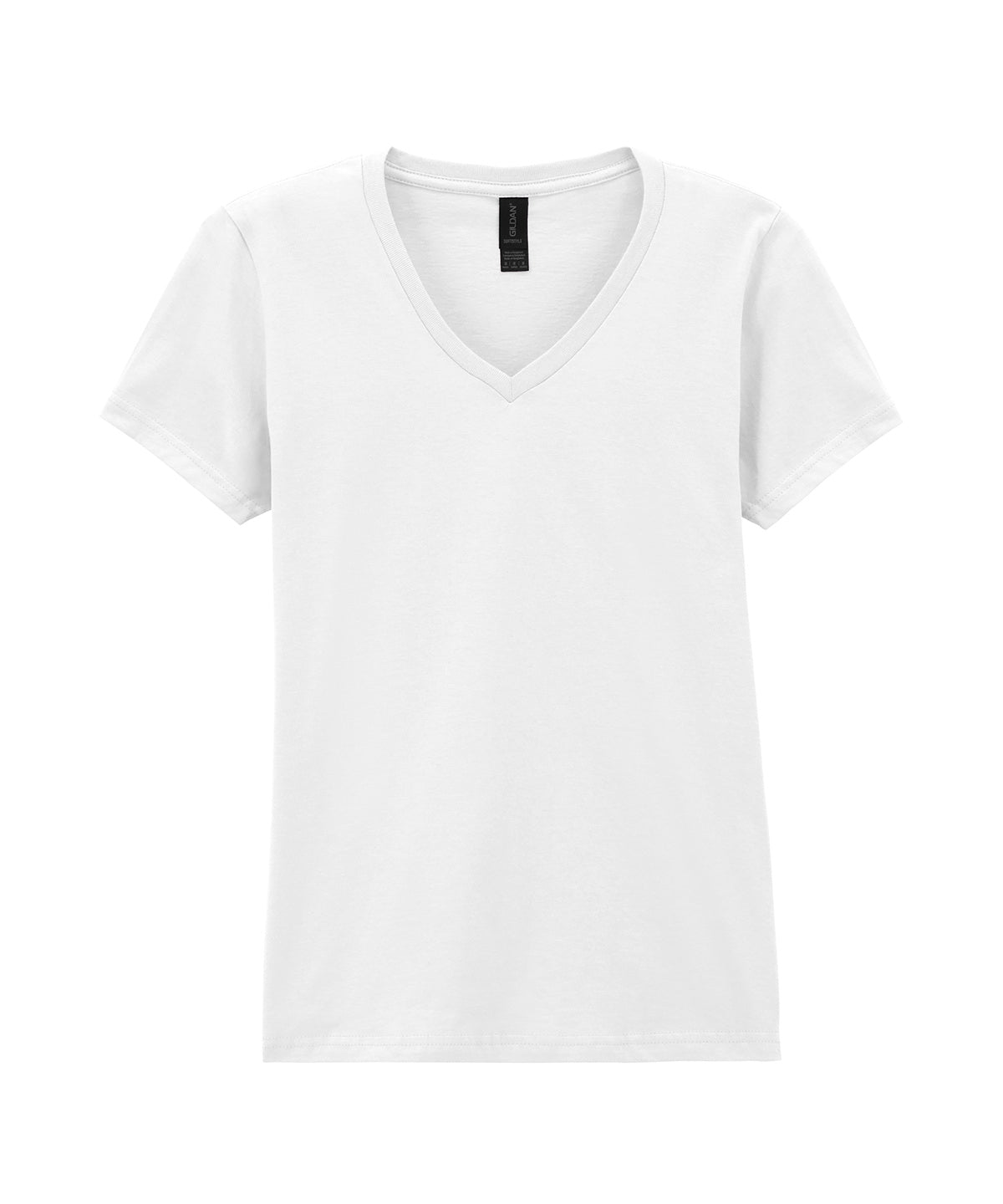 Tryck din logga på T-shirts från Gildan - Anpassa Softstyle V-Neck T-Shirt - Dam i färgen Vit för företag, föreningar och privatpersoner