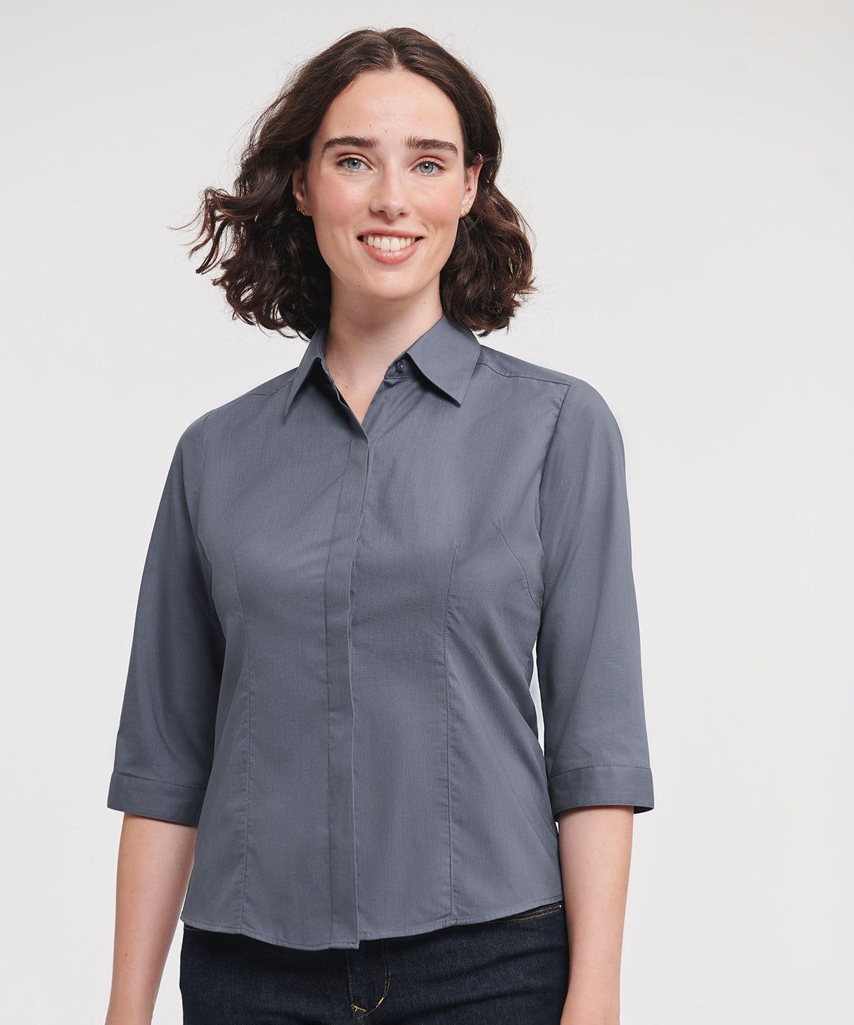 Tryck din logga på Skjortor från Russell Collection - Anpassa Dam ärm polycotton easycare figursydd poplinskjorta i färgen för företag, föreningar och privatpersoner