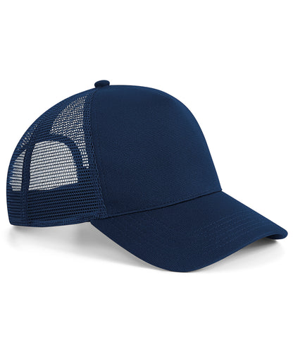 Tryck din logga på Kepsar från Beechfield - Anpassa Trucker med snapback i mikrostickning i färgen Marinblå One Size för företag, föreningar och privatpersoner