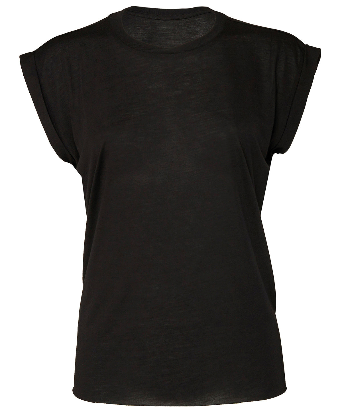 Tryck din logga på T-shirts från Bella Canvas - Anpassa Flowy Muscle Tee – Rolled Cuffs - Dam i färgen Svart för företag, föreningar och privatpersoner