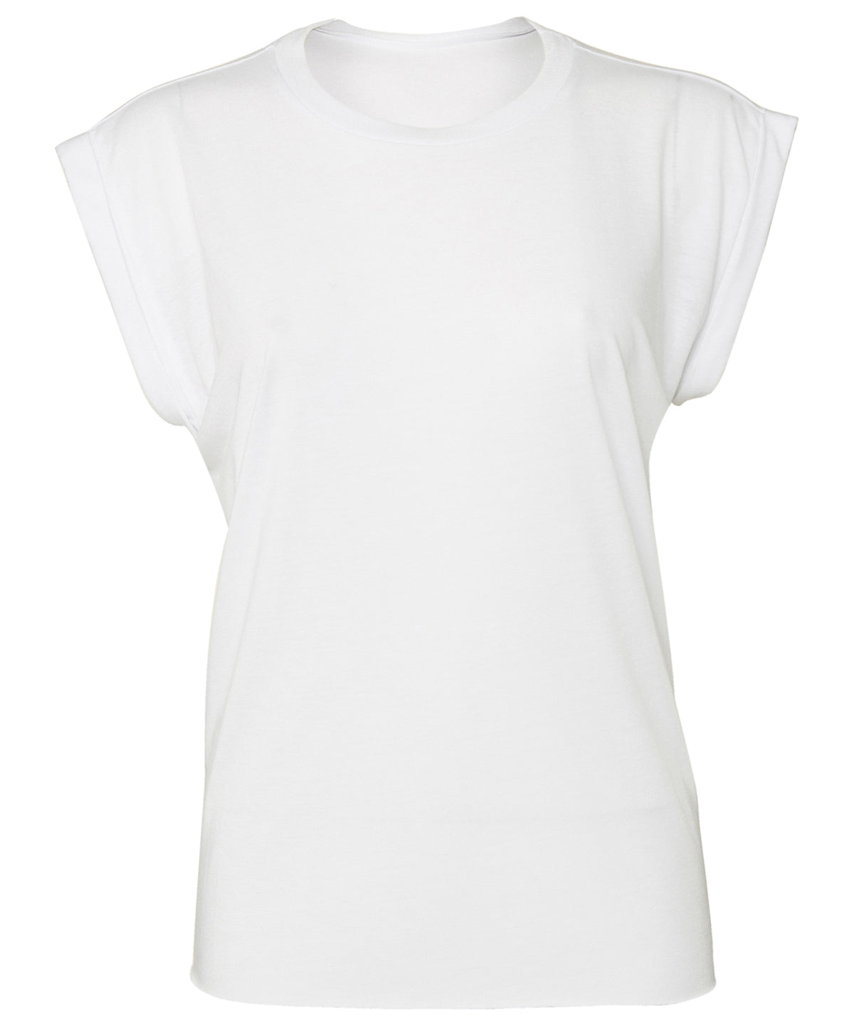 Tryck din logga på T-shirts från Bella Canvas - Anpassa Flowy Muscle Tee – Rolled Cuffs - Dam i färgen Vit för företag, föreningar och privatpersoner