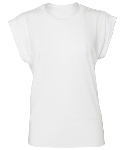 Tryck din logga på T-shirts från Bella Canvas - Anpassa Flowy Muscle Tee – Rolled Cuffs - Dam i färgen Vit för företag, föreningar och privatpersoner