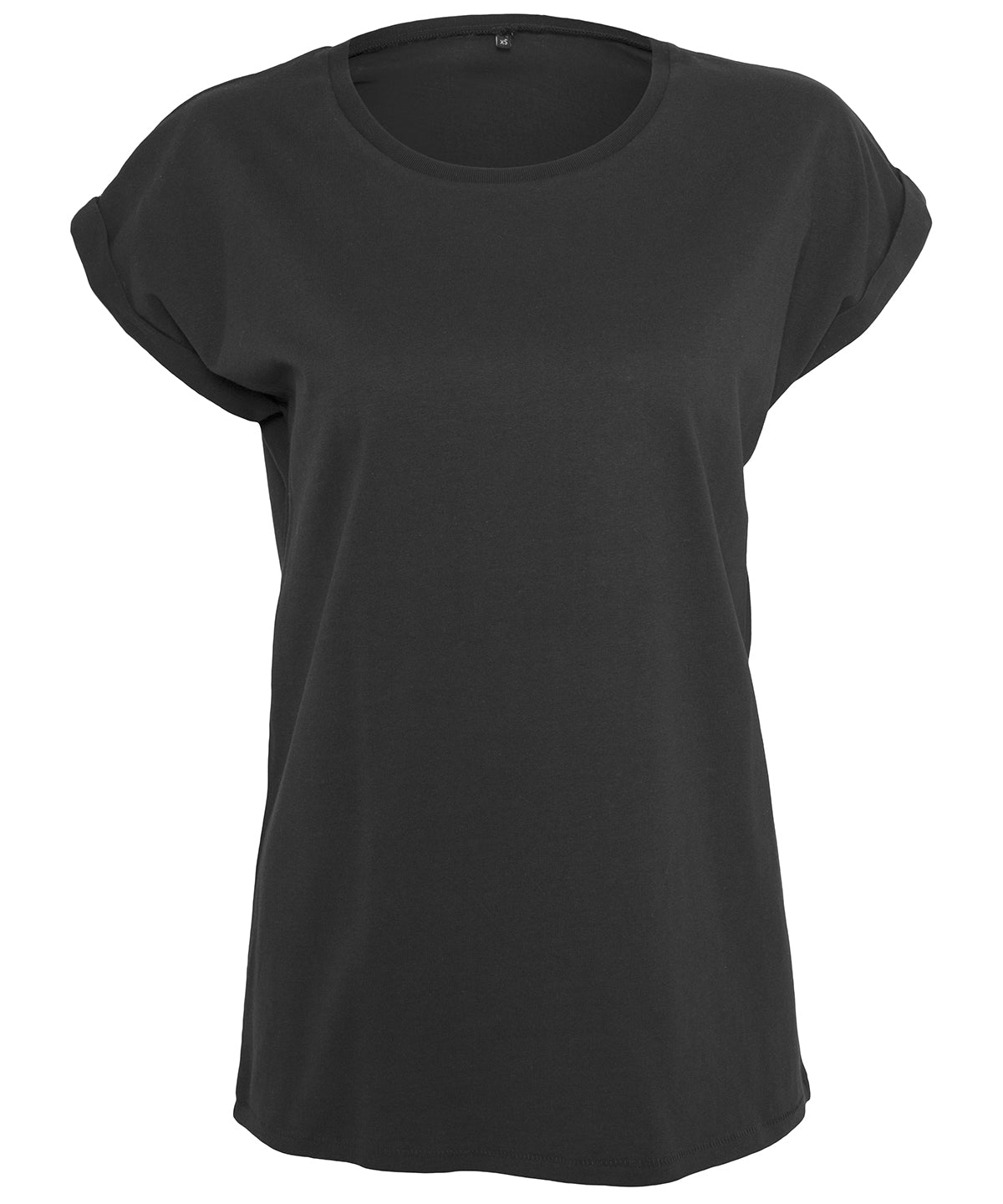 Tryck din logga på T-shirts från Build Your Brand - Anpassa Extended Shoulder Tee - Dam i färgen Svart för företag, föreningar och privatpersoner