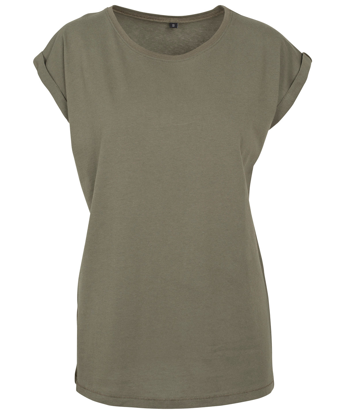 Tryck din logga på T-shirts från Build Your Brand - Anpassa Extended Shoulder Tee - Dam i färgen Oliv för företag, föreningar och privatpersoner