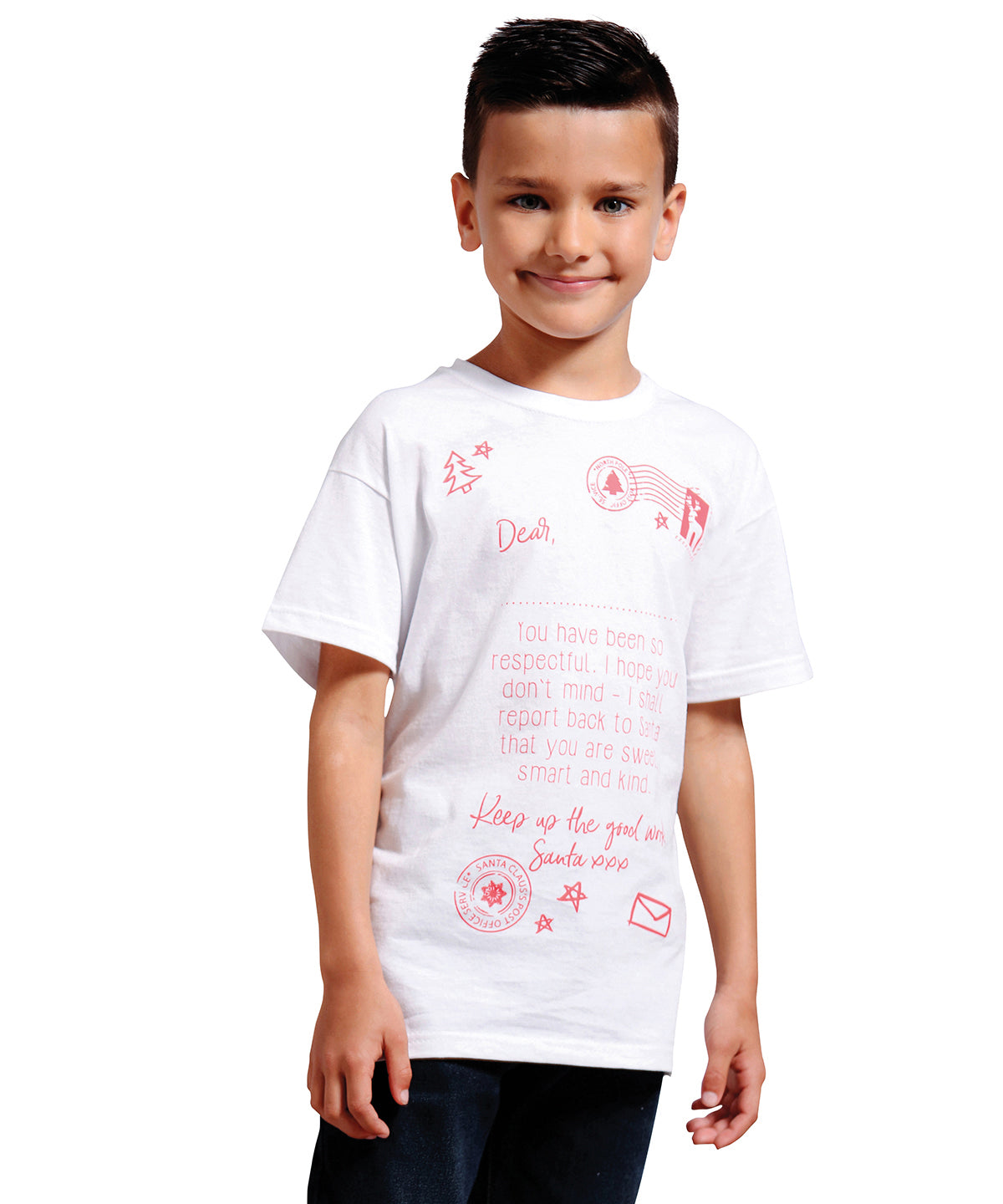 Tryck din logga på T-shirts från The Christmas Shop - Anpassa T-shirt med personligt brev till jultomten för barn i färgen för företag, föreningar och privatpersoner