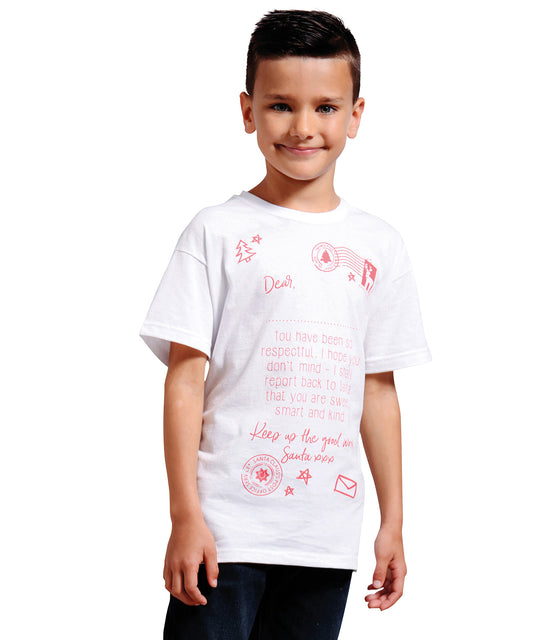 Tryck din logga på T-shirts från The Christmas Shop - Anpassa T-shirt med personligt brev till jultomten för barn i färgen för företag, föreningar och privatpersoner
