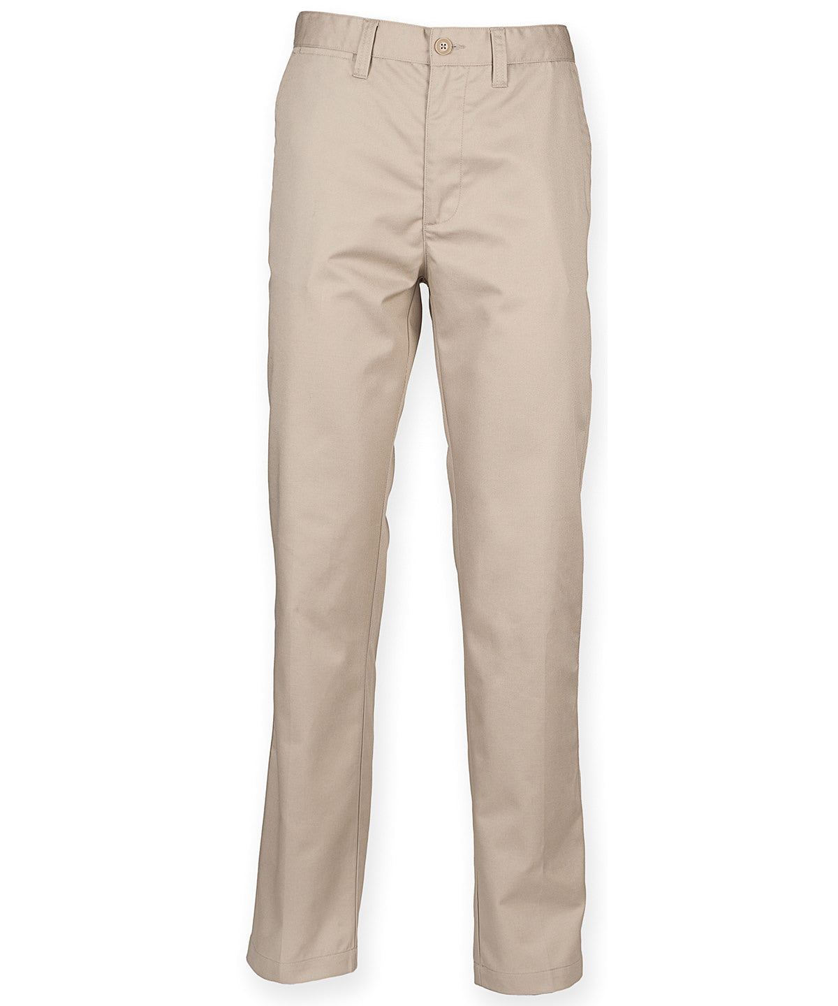 Tryck din logga på Chinos från Henbury - Anpassa 65/35 chino-byxa med platt front i färgen Naturligt för företag, föreningar och privatpersoner