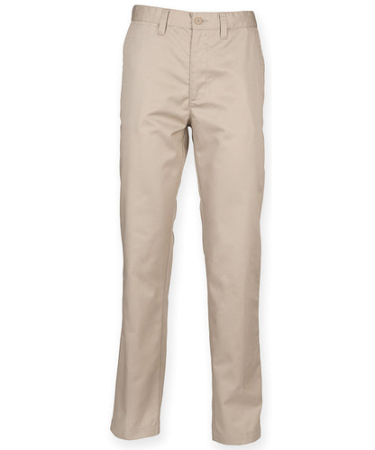 Tryck din logga på Chinos från Henbury - Anpassa 65/35 chino-byxa med platt front i färgen Naturligt för företag, föreningar och privatpersoner
