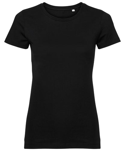 Tryck din logga på T-shirts från Russell Europe - Anpassa Pure Organic T-Shirt - Dam i färgen Svart för företag, föreningar och privatpersoner