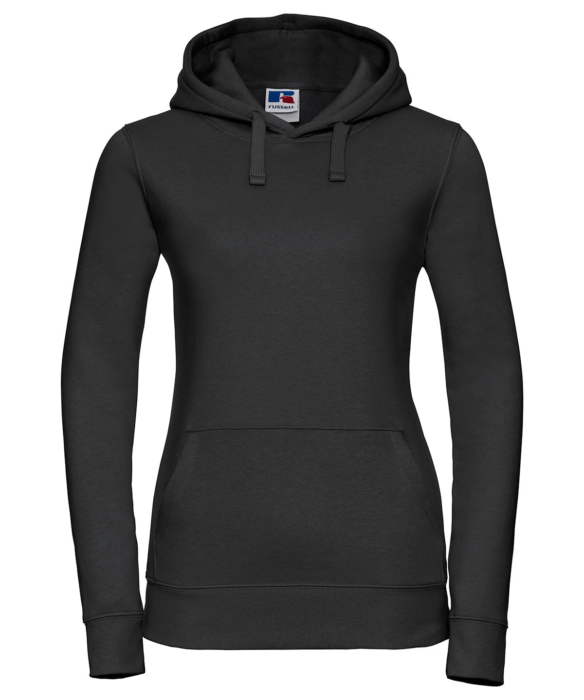 Tryck din logga på Hoodies från Russell Europe - Anpassa Russell Europe - Äkta Hoodie med Huva för Damer i färgen Svart för företag, föreningar och privatpersoner