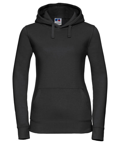 Tryck din logga på Hoodies från Russell Europe - Anpassa Russell Europe - Äkta Hoodie med Huva för Damer i färgen Svart för företag, föreningar och privatpersoner