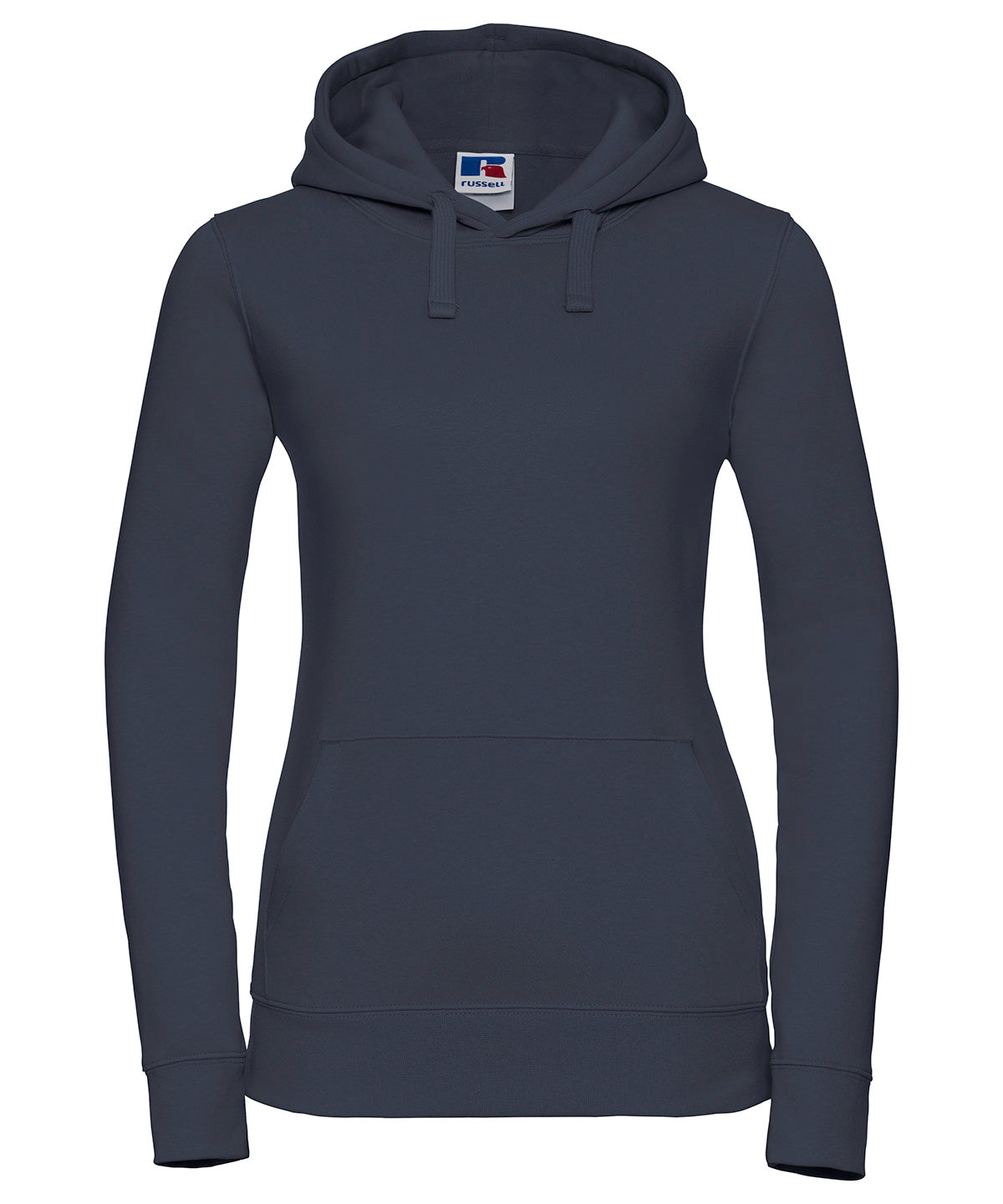 Tryck din logga på Hoodies från Russell Europe - Anpassa Russell Europe - Äkta Hoodie med Huva för Damer i färgen Marinblå för företag, föreningar och privatpersoner