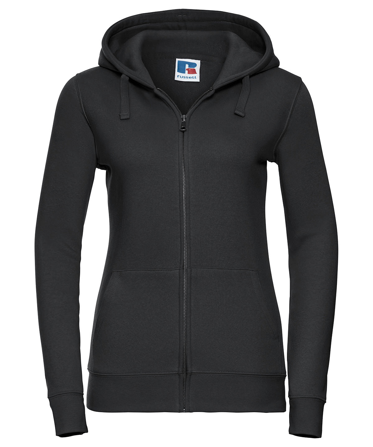 Tryck din logga på Hoodies från Russell Europe - Anpassa Russell Europe - Äkta Sweatshirt med Huva och Dragkedja för Damer i färgen Svart för företag, föreningar och privatpersoner