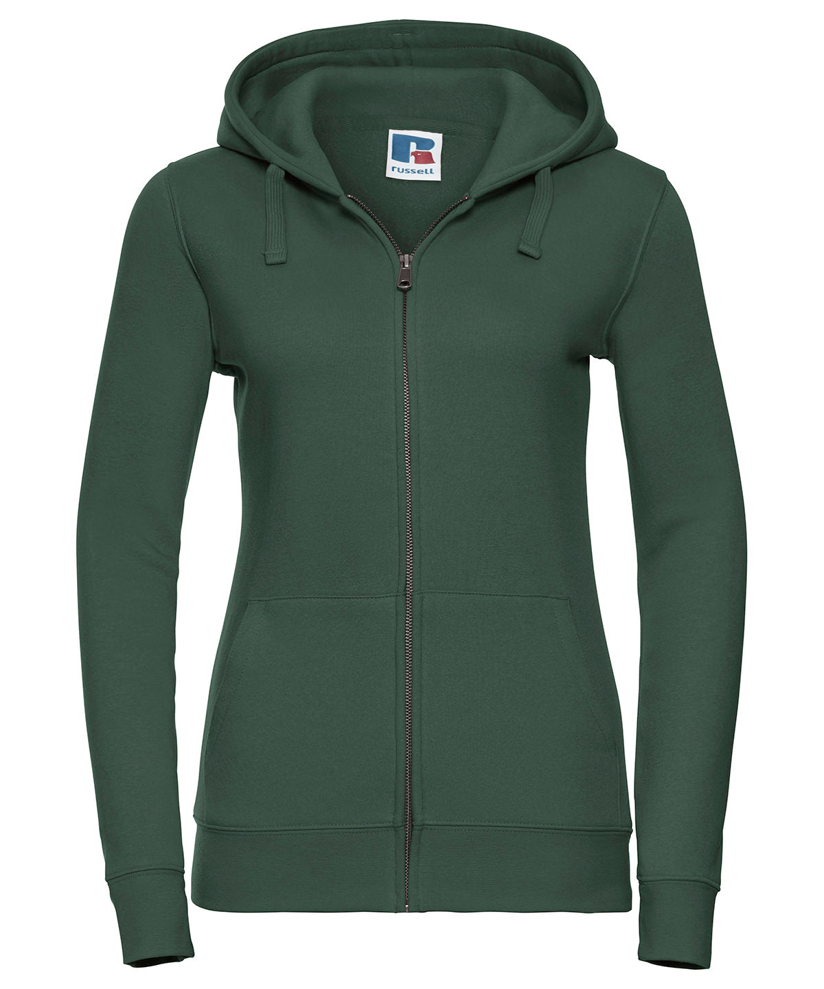 Tryck din logga på Hoodies från Russell Europe - Anpassa Russell Europe - Äkta Sweatshirt med Huva och Dragkedja för Damer i färgen Djup grön för företag, föreningar och privatpersoner