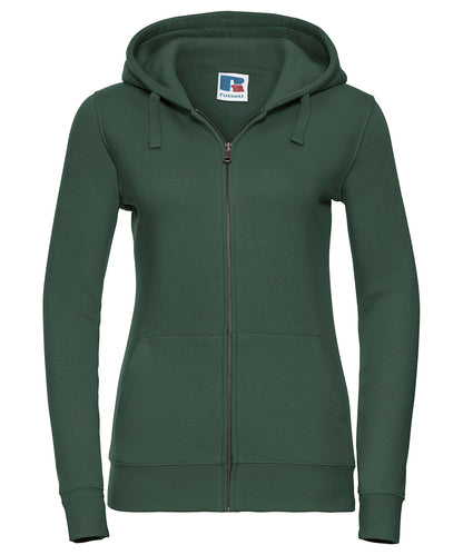 Tryck din logga på Hoodies från Russell Europe - Anpassa Russell Europe - Äkta Sweatshirt med Huva och Dragkedja för Damer i färgen Djup grön för företag, föreningar och privatpersoner