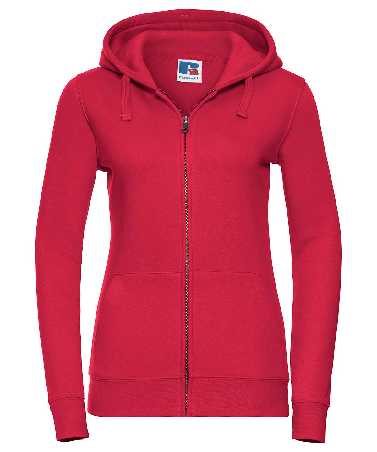 Tryck din logga på Hoodies från Russell Europe - Anpassa Russell Europe - Äkta Sweatshirt med Huva och Dragkedja för Damer i färgen Mellan röd för företag, föreningar och privatpersoner