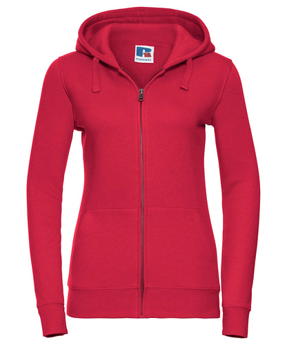 Tryck din logga på Hoodies från Russell Europe - Anpassa Russell Europe - Äkta Sweatshirt med Huva och Dragkedja för Damer i färgen Mellan röd för företag, föreningar och privatpersoner