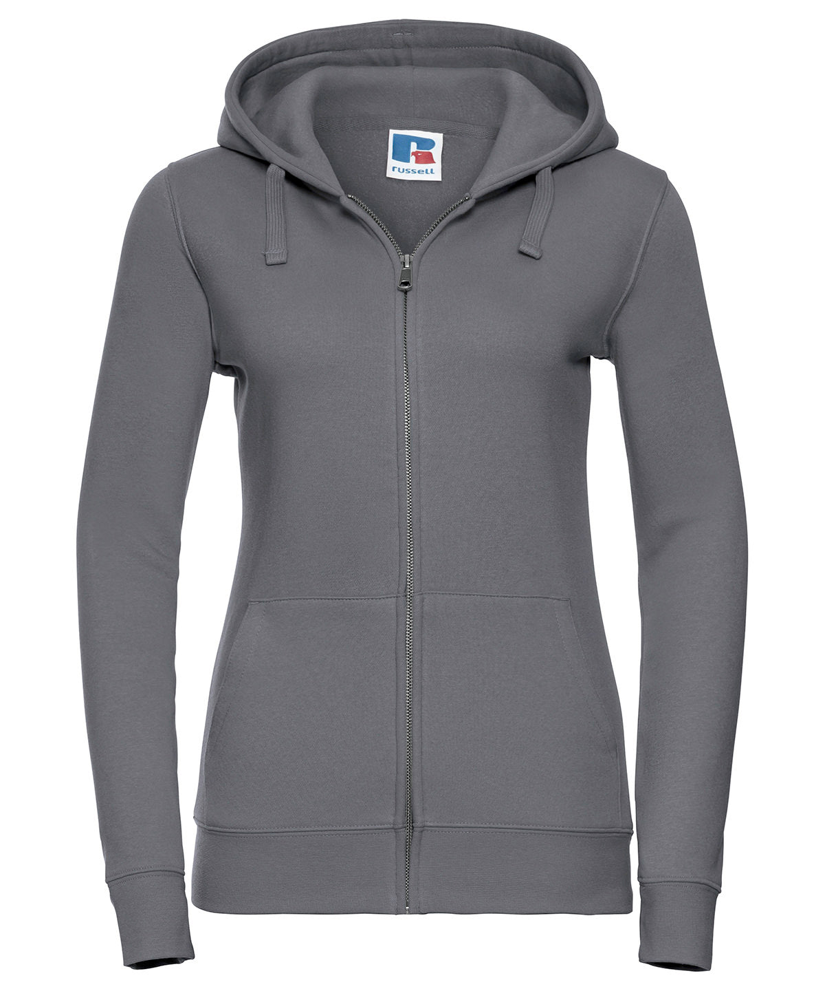 Tryck din logga på Hoodies från Russell Europe - Anpassa Russell Europe - Äkta Sweatshirt med Huva och Dragkedja för Damer i färgen Mörkgrå för företag, föreningar och privatpersoner