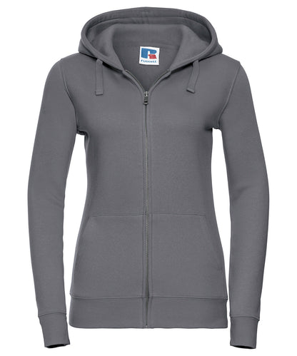 Tryck din logga på Hoodies från Russell Europe - Anpassa Russell Europe - Äkta Sweatshirt med Huva och Dragkedja för Damer i färgen Mörkgrå för företag, föreningar och privatpersoner