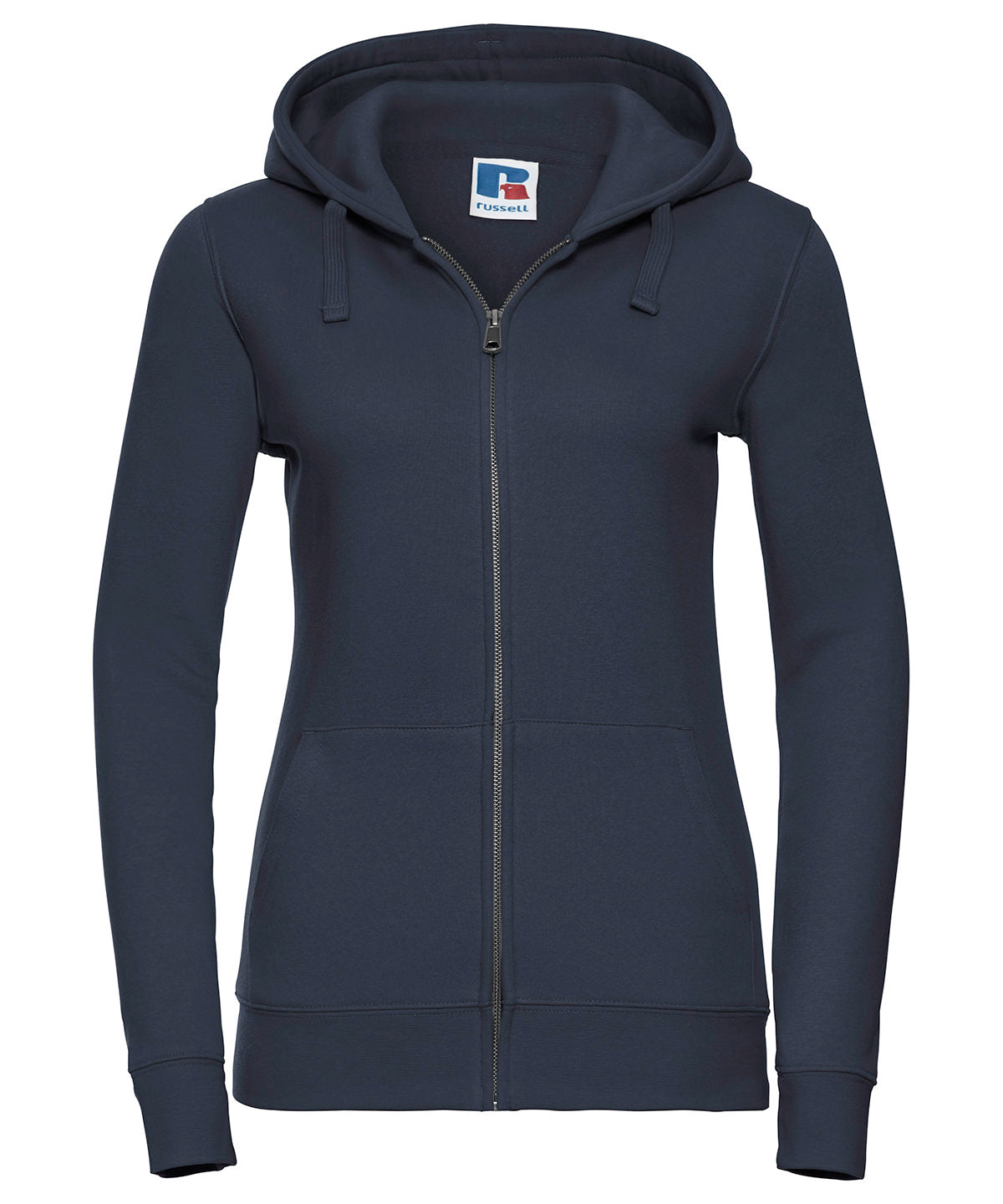Tryck din logga på Hoodies från Russell Europe - Anpassa Russell Europe - Äkta Sweatshirt med Huva och Dragkedja för Damer i färgen Marinblå för företag, föreningar och privatpersoner