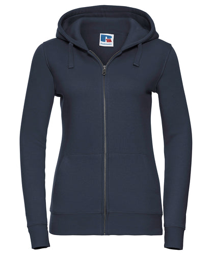 Tryck din logga på Hoodies från Russell Europe - Anpassa Russell Europe - Äkta Sweatshirt med Huva och Dragkedja för Damer i färgen Marinblå för företag, föreningar och privatpersoner
