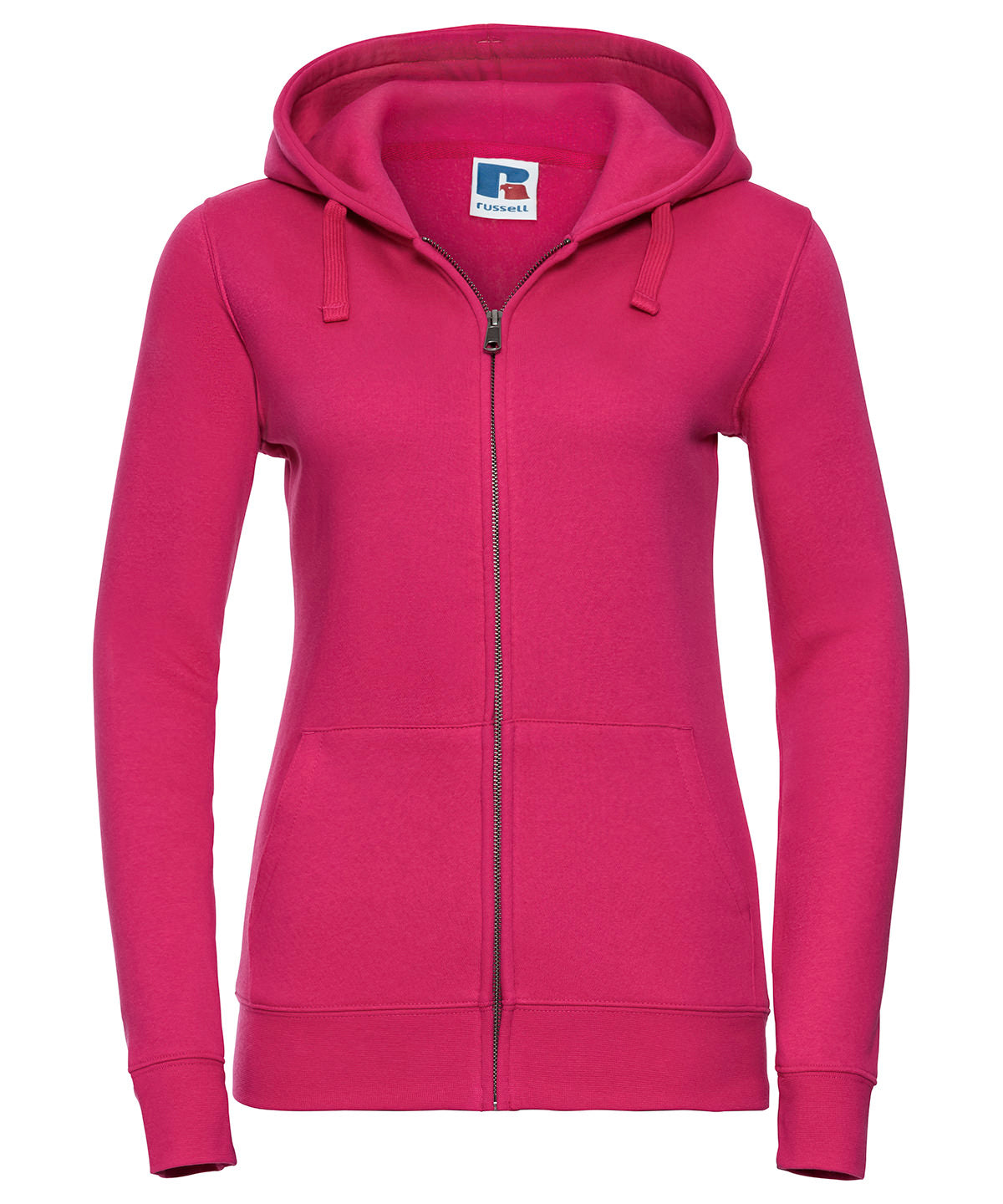 Tryck din logga på Hoodies från Russell Europe - Anpassa Russell Europe - Äkta Sweatshirt med Huva och Dragkedja för Damer i färgen Fuchsia för företag, föreningar och privatpersoner