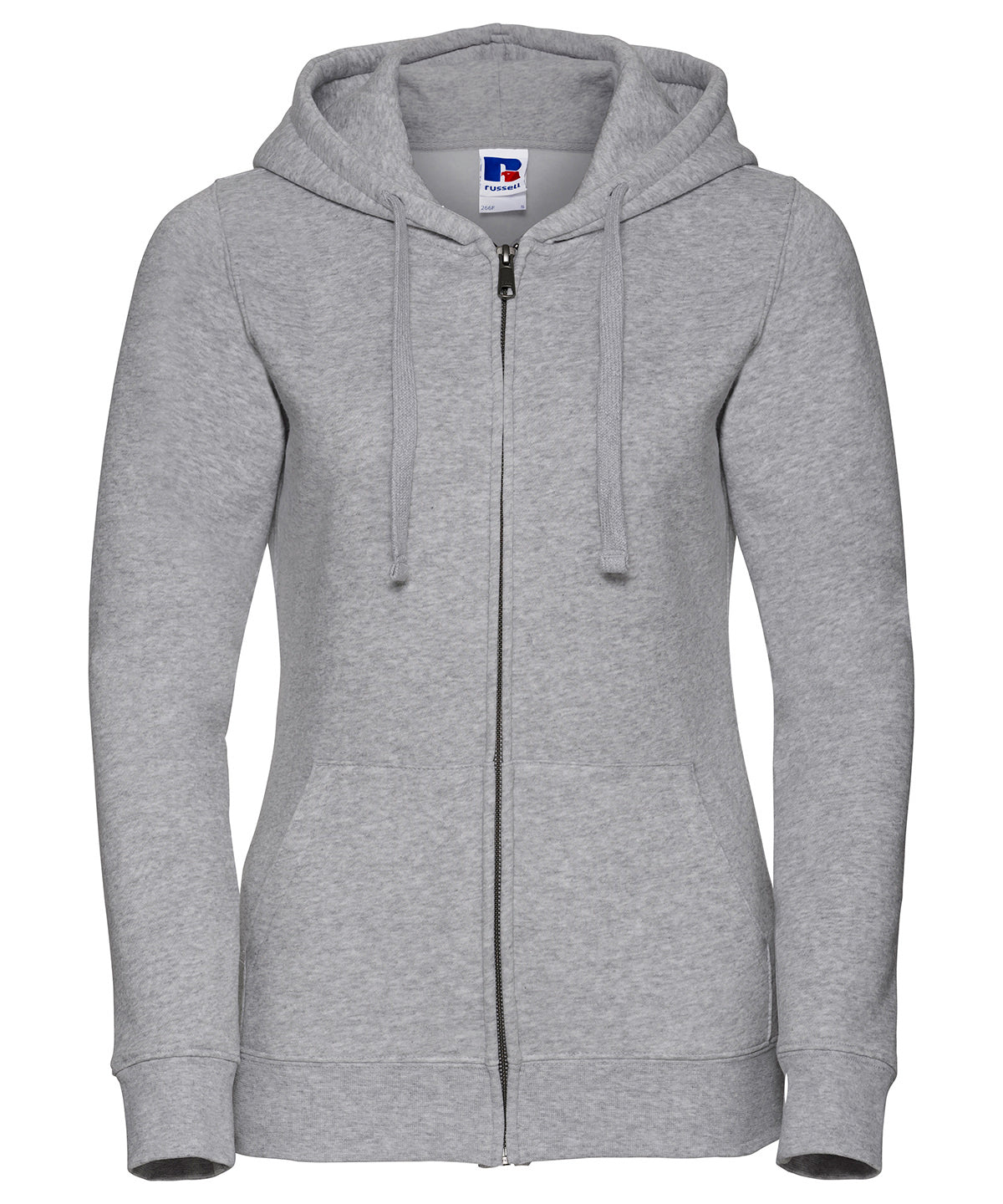 Tryck din logga på Hoodies från Russell Europe - Anpassa Russell Europe - Äkta Sweatshirt med Huva och Dragkedja för Damer i färgen Ljunggrå för företag, föreningar och privatpersoner