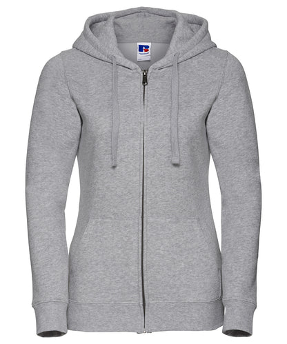 Tryck din logga på Hoodies från Russell Europe - Anpassa Russell Europe - Äkta Sweatshirt med Huva och Dragkedja för Damer i färgen Ljunggrå för företag, föreningar och privatpersoner