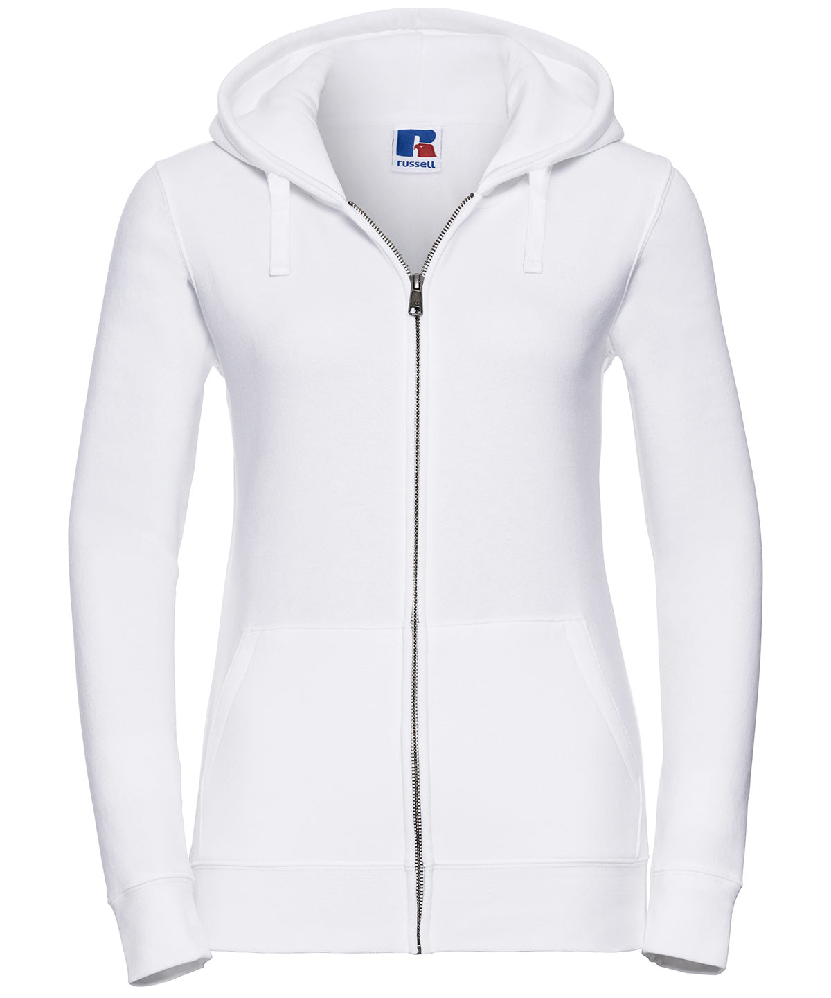 Tryck din logga på Hoodies från Russell Europe - Anpassa Russell Europe - Äkta Sweatshirt med Huva och Dragkedja för Damer i färgen Vit för företag, föreningar och privatpersoner