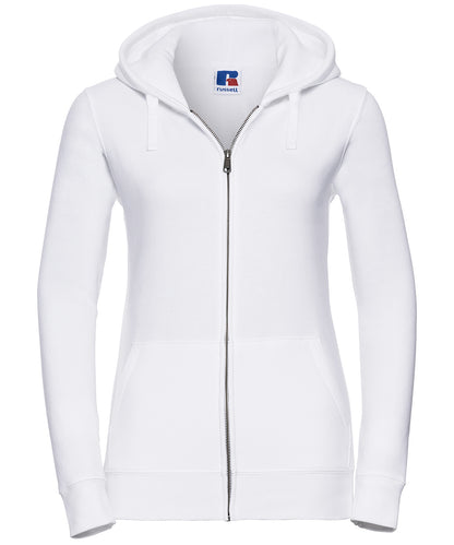Tryck din logga på Hoodies från Russell Europe - Anpassa Russell Europe - Äkta Sweatshirt med Huva och Dragkedja för Damer i färgen Vit för företag, föreningar och privatpersoner