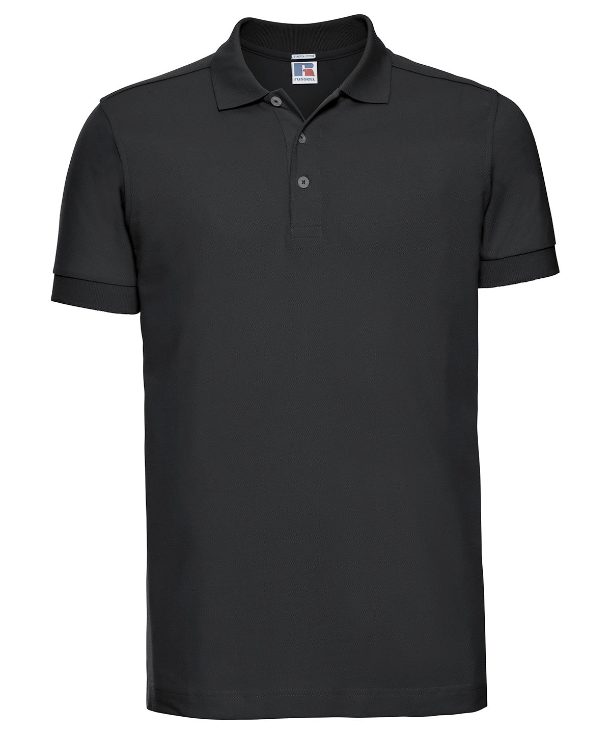 Tryck din logga på Piké från Russell Europe - Anpassa Tailored Stretch Polo i färgen Svart för företag, föreningar och privatpersoner
