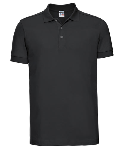Tryck din logga på Piké från Russell Europe - Anpassa Tailored Stretch Polo i färgen Svart för företag, föreningar och privatpersoner