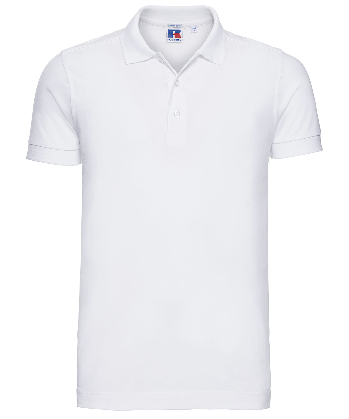 Tryck din logga på Piké från Russell Europe - Anpassa Tailored Stretch Polo i färgen Vit för företag, föreningar och privatpersoner