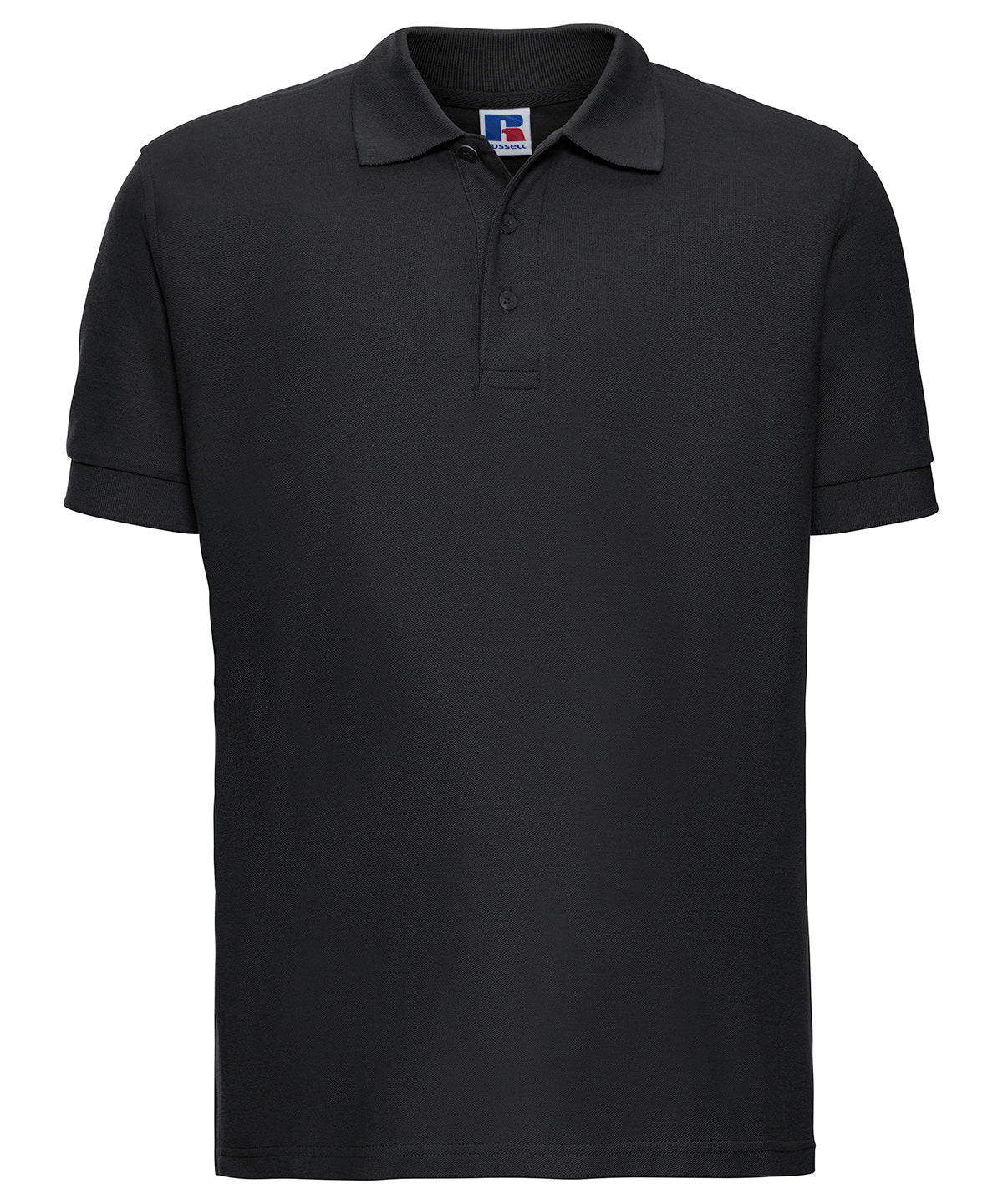 Tryck din logga på Piké från Russell Europe - Anpassa Ultimate Cotton Polo i färgen Svart för företag, föreningar och privatpersoner