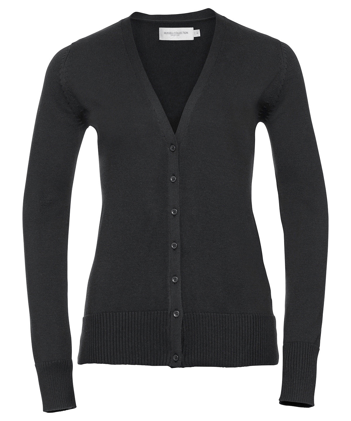 Tryck din logga på Koftor från Russell Collection - Anpassa Stickad cardigan med v-ringning för damer i färgen Svart för företag, föreningar och privatpersoner