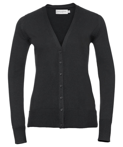 Tryck din logga på Koftor från Russell Collection - Anpassa Stickad cardigan med v-ringning för damer i färgen Svart för företag, föreningar och privatpersoner