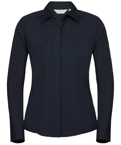 Tryck din logga på Skjortor från Russell Collection - Anpassa Långärmad poplinskjorta i lättskött polycotton för damer i färgen Marinblå för företag, föreningar och privatpersoner