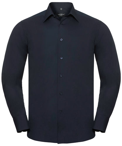 Tryck din logga på Skjortor från Russell Collection - Anpassa Långärmad figursydd poplinskjorta i lättskött polycotton i färgen Marinblå för företag, föreningar och privatpersoner