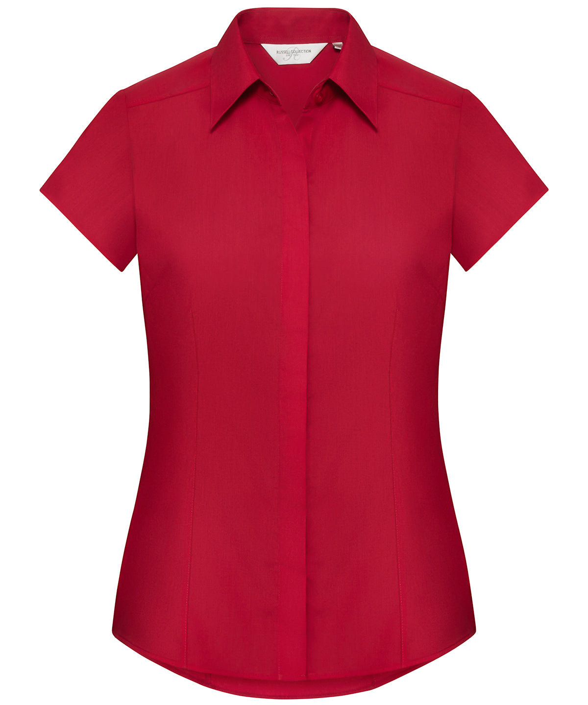 Tryck din logga på Skjortor från Russell Collection - Anpassa Damskjorta i polycotton easycare figursydd poplin med cap sleeve i färgen Mellan röd för företag, föreningar och privatpersoner